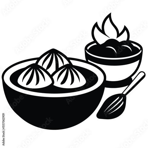 Delicious dumplings with sauce and serving spoon illustration in a simple black and white style