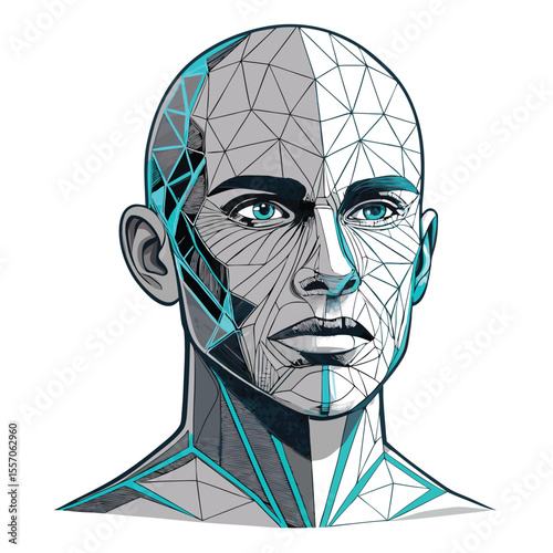 An abstract, fragmented digital human head, depicting a blend of technology and consciousness.