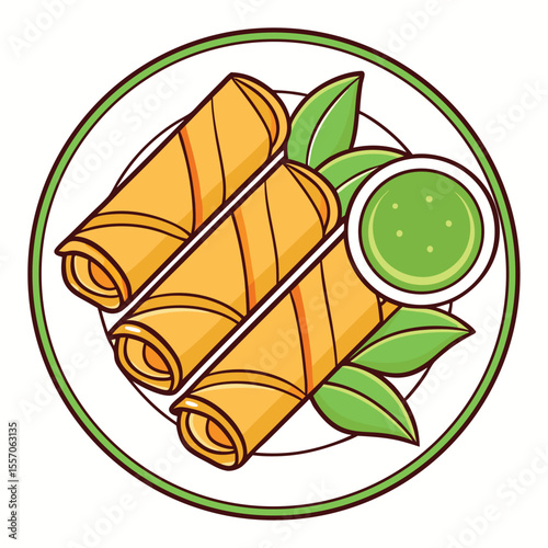 Delicious illustration of spring rolls with dipping sauce and herbs arranged on a white plate