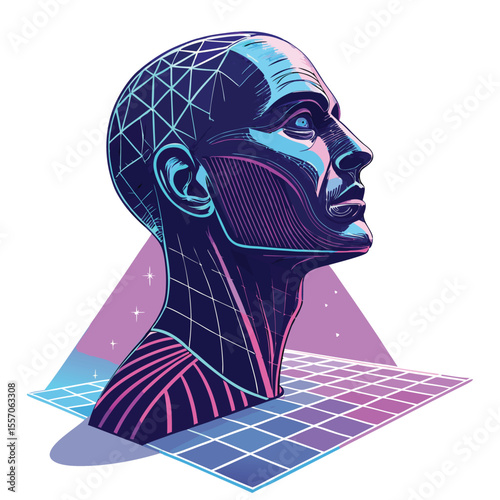 An abstract head hovers over a luminous, triangular geometric form in a digital artwork.