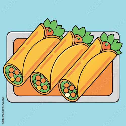Delicious illustration of traditional mexican flautas served on a rectangular plate with garnishes