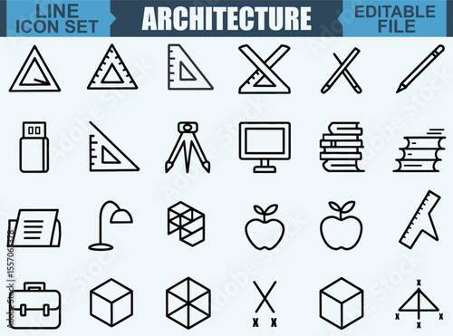 Architecture and design isolated icons set. Set of architectural project, blueprint, apartment plan, floorplan, divider, architecture drawing, architect, design tools vector icon
