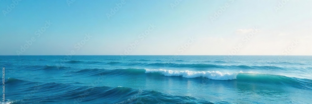 Fototapeta premium Serene Ocean Seascape Calm Waves Rolling Under a Clear Blue Sky, Tranquil Coastal View, Perfect for Travel and Relaxation