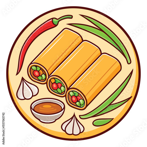 Delicious spring rolls with fresh vegetables served on a round plate with dipping sauce