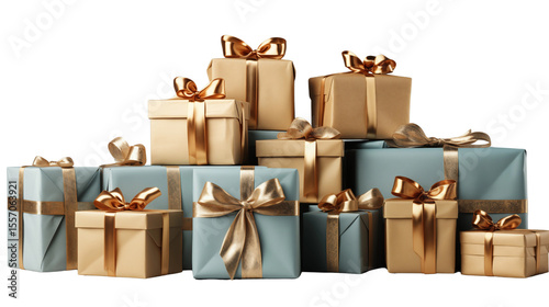 Holiday gifts wrapped in pastel and gold paper with elegant bows create a festive celebration display, suitable for Christmas and birthdays transparent.