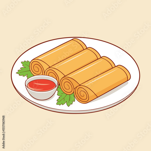 Deliciously illustrated spring rolls with dipping sauce on a white plate appetizing concept