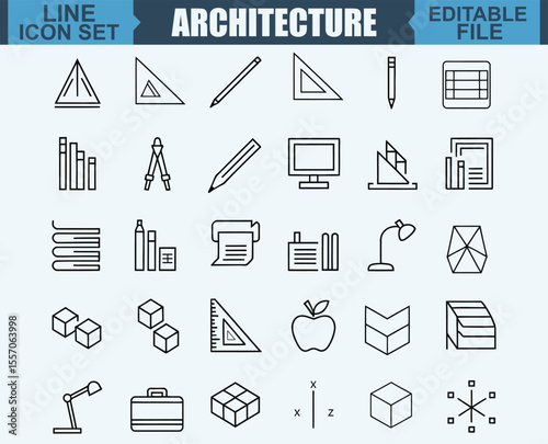 Architecture and design isolated icons set. Set of architectural project, blueprint, apartment plan, floorplan, divider, architecture drawing, architect, design tools vector icon