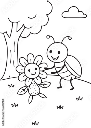 coloring book page beetle giving care flower to smiling plant