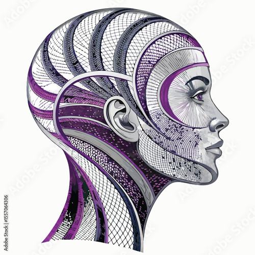 An intricate abstract head sculpture created from shimmering silver spiral mesh bands.