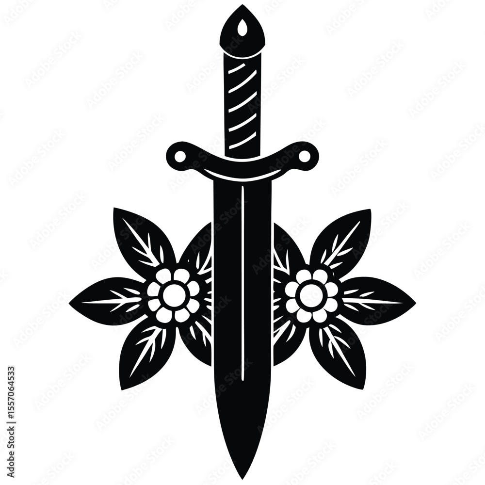 Fototapeta premium Elegant black and white illustration of a sword and floral decorative elements