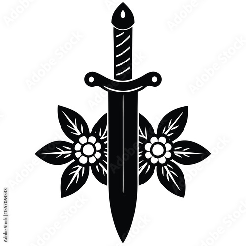 Elegant black and white illustration of a sword and floral decorative elements