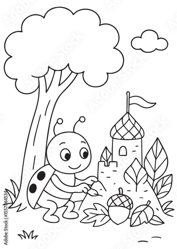 coloring book page beetle building mushroom castle