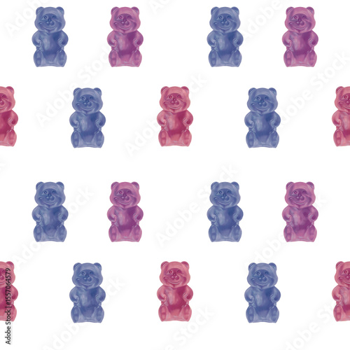 Seamless pattern featuring purple, blue, and pink gummy bears in a playful doodle art style. Fun and colorful candy design perfect for kids’ products, sweet-themed packaging, textiles
