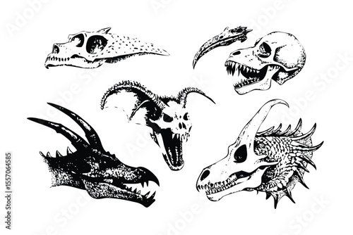 Dragon Heads Vector Set in Stipple Ink Style. Black and White Engraving Collection of Mythical Creatures. Fantasy Tattoo Flash