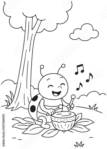 coloring book page beetle playing drum and singing under tree