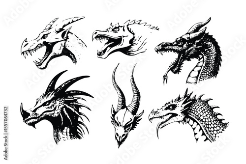 Dragon Heads Vector Set in Stipple Ink Style. Black and White Engraving Collection of Mythical Creatures. Fantasy Tattoo Flash