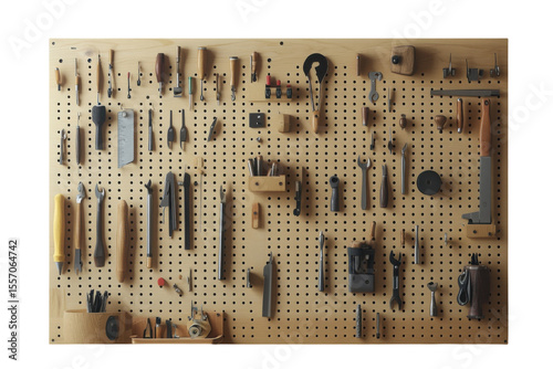 A meticulously organized pegboard showcasing a craftsman s collection of well worn tools on transparent background