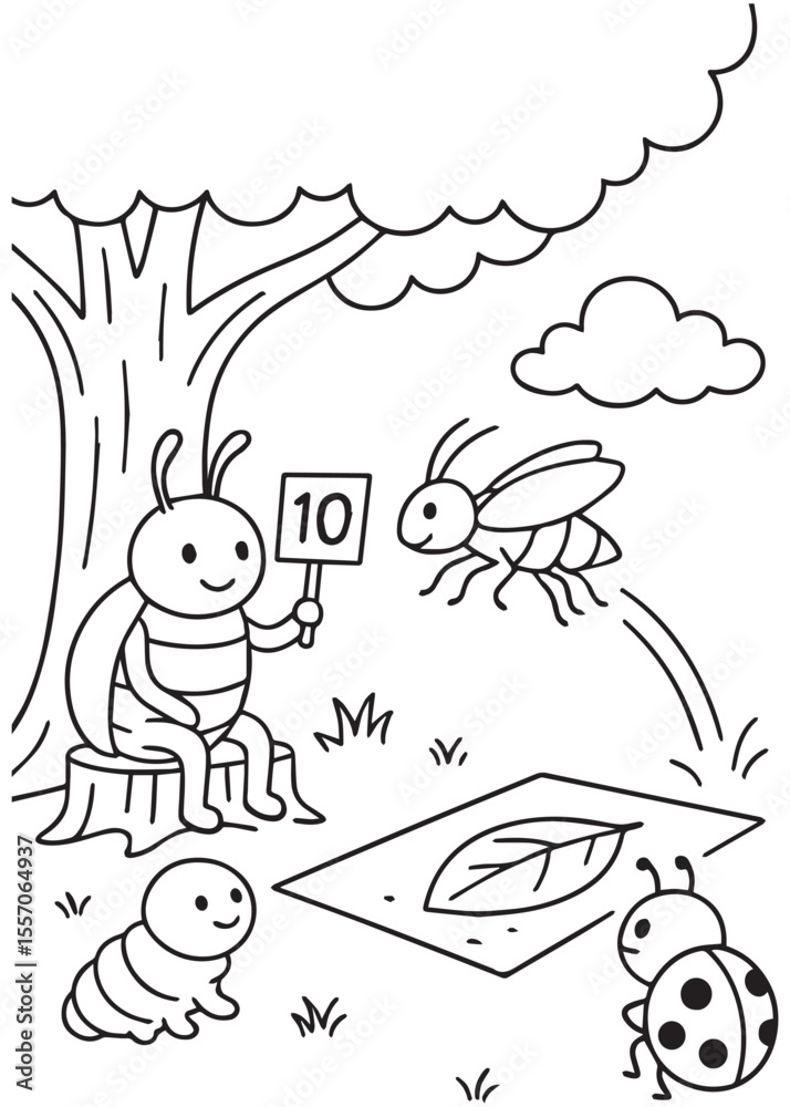 Fototapeta premium coloring book page beetle judging leaf contest with scorecard