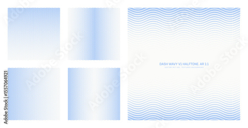 Assorted vector dash wavy grid light blue halftone pattern set in square 1:1 aspect ratio including faded frame and various textures. Dotted textured curved lines versatile design elements bundle