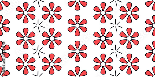 Red Floral Delight Pattern: An engaging repeating pattern of charming red flowers and star shapes, forming a captivating visual for various design applications.