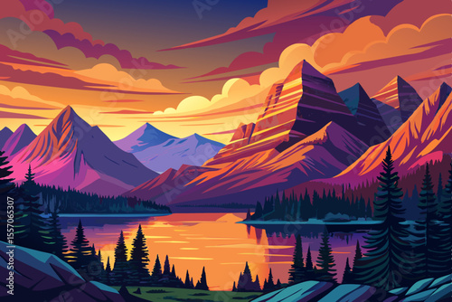 Glacier national park montana at sunset time with mountains and lakes, pine trees	