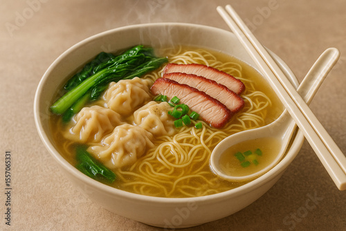 Traditional Wonton Noodle Soup with Char Siu and Leafy Greens