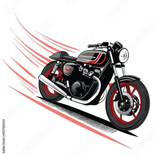 A cafe racer motorcycle speeds around a sharp turn, depicted with dynamic motion blur.