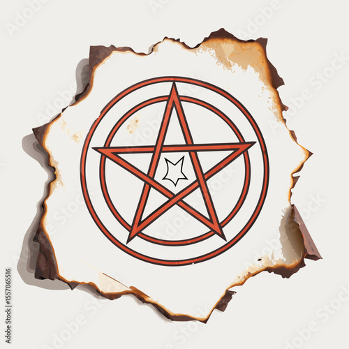 A sinister demonic sigil is encircled by charred and burnt paper fragments, evoking an occult ritual.
