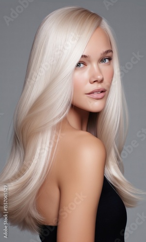 Beautiful young woman showcases flowing, platinum blonde hair against a neutral backdrop for hair care advertisements.