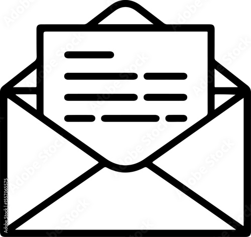 Open envelope with document and text inside simple line art icon