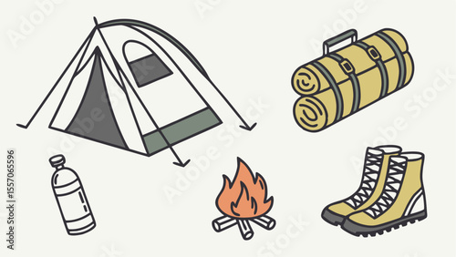 Illustration of camping gear including a tent, sleeping bag, water bottle, campfire, and hiking boots