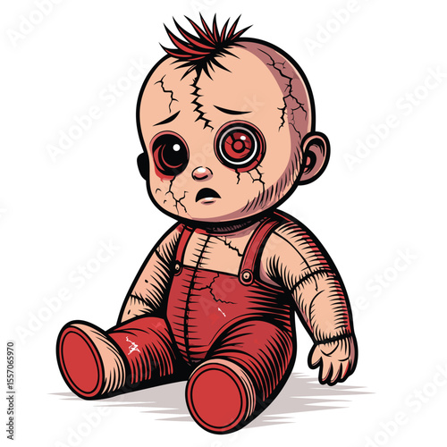 A frightening, damaged baby doll, evoking a creepy, unsettling horror aesthetic.