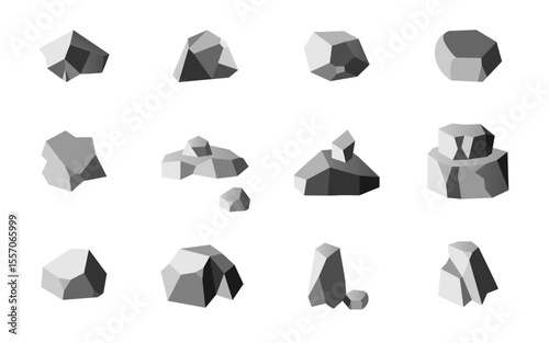 Rock stone vector flat icon set. Simple boulder symbols, gravel collection, rocky stones