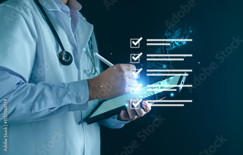 Medical research, doctor doing online checklist document, digital medical healthcare quality certificate, telemedicine