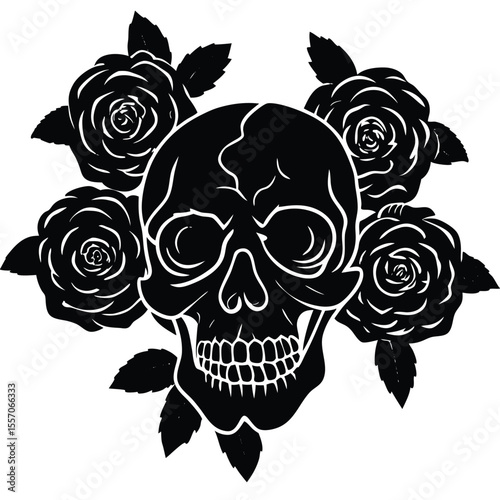 Intricate black and white skull surrounded by roses, a symbolic design element