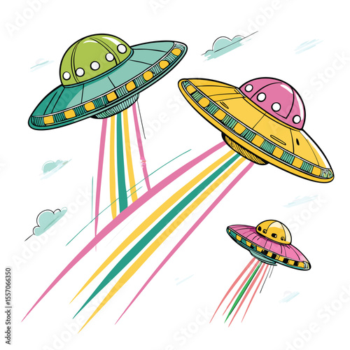 A vibrant cartoon depicts a high-speed UFO race with dynamic turbo trails and motion blur.