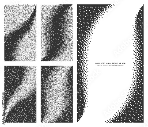 Assorted vector retro styled pixel art black white halftone pattern set in vertical 9:16 aspect ratio including curved frame and various textures. Varied half tone 8 bit graphic design elements bundle