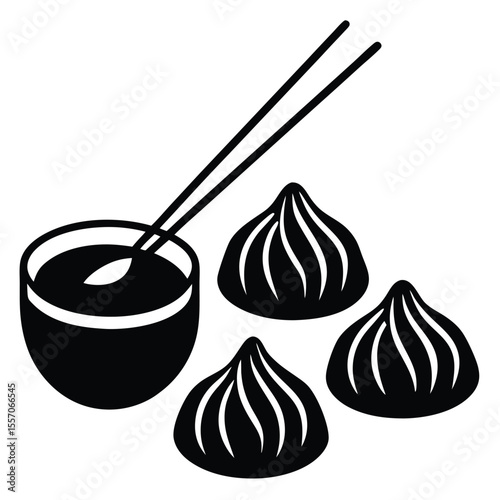 Monochrome illustration of asian dumplings and dipping sauce with chopsticks on white background