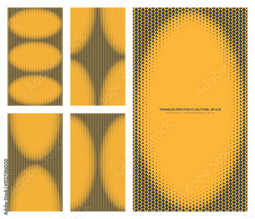 Assorted vector triangles grid black yellow halftone pattern set in vertical 9:16 aspect ratio including oval frame and various textures. Varied retro styled half tone textured design elements bundle