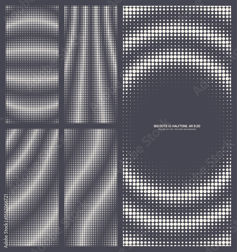 Assorted vector retro styled bold big dots grid halftone pattern set in vertical 9:20 aspect ratio including striped round frame and various textures. Varied half tone textured design elements bundle