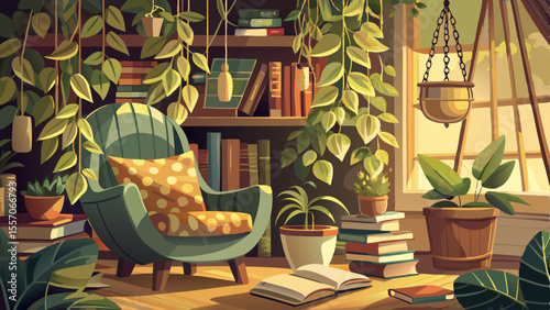 Golden pothos trailing from hanging pot above reading nook, fabric armchair, books, soft warm lighting, natural textures, indoor jungle feeling, cascading vines, cozy decorative botanical detail.

