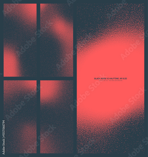 Assorted vector black noise red black halftone pattern set in vertical 9:20 aspect ratio including smooth blurred frame and various textures. Different half tone grainy textured design elements bundle