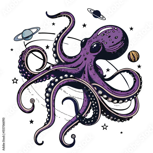 A vibrant, purple cosmic octopus, tentacles entwined with satellites in deep space.