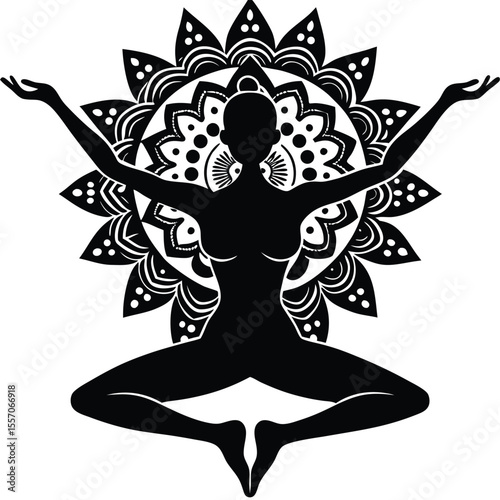 Silhouette of a yoga practitioner meditating with a mandala in black and white design