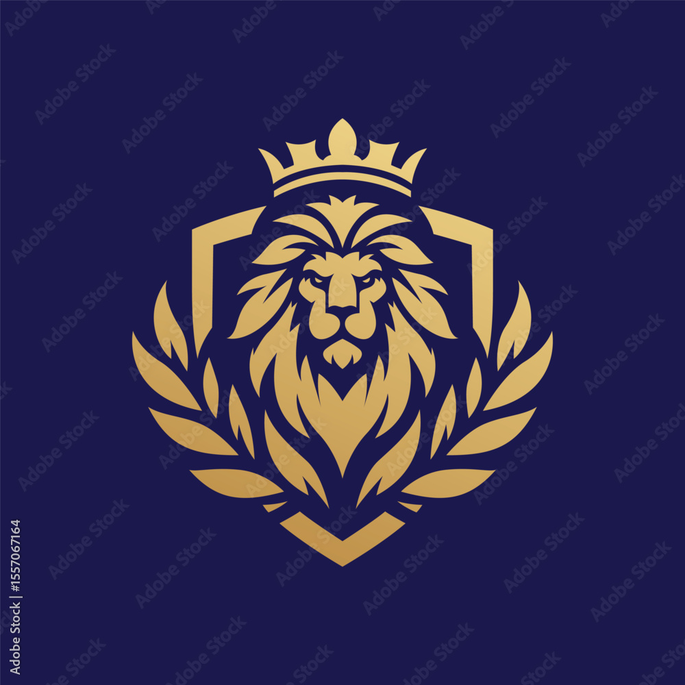 Fototapeta premium Lion King Shield Logo. A crowned lion with a shield symbolizing leadership, protection, and royal strength for those born to lead.