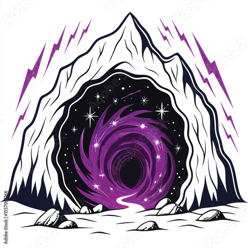 A vibrant purple cosmic portal illuminates the depths of a mysterious space cave.