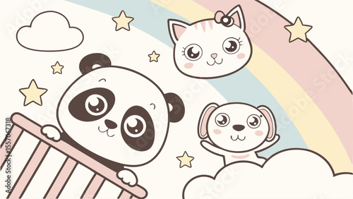 Illustration featuring a panda in a crib, a cat, a dog, clouds, stars and a rainbow in pastel colors