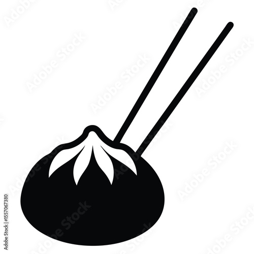 Simple black and white vector illustration of a dumpling with chopsticks isolated on white