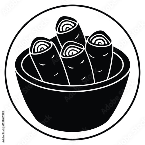 Simple black and white illustration of spring rolls in a bowl served within a circle