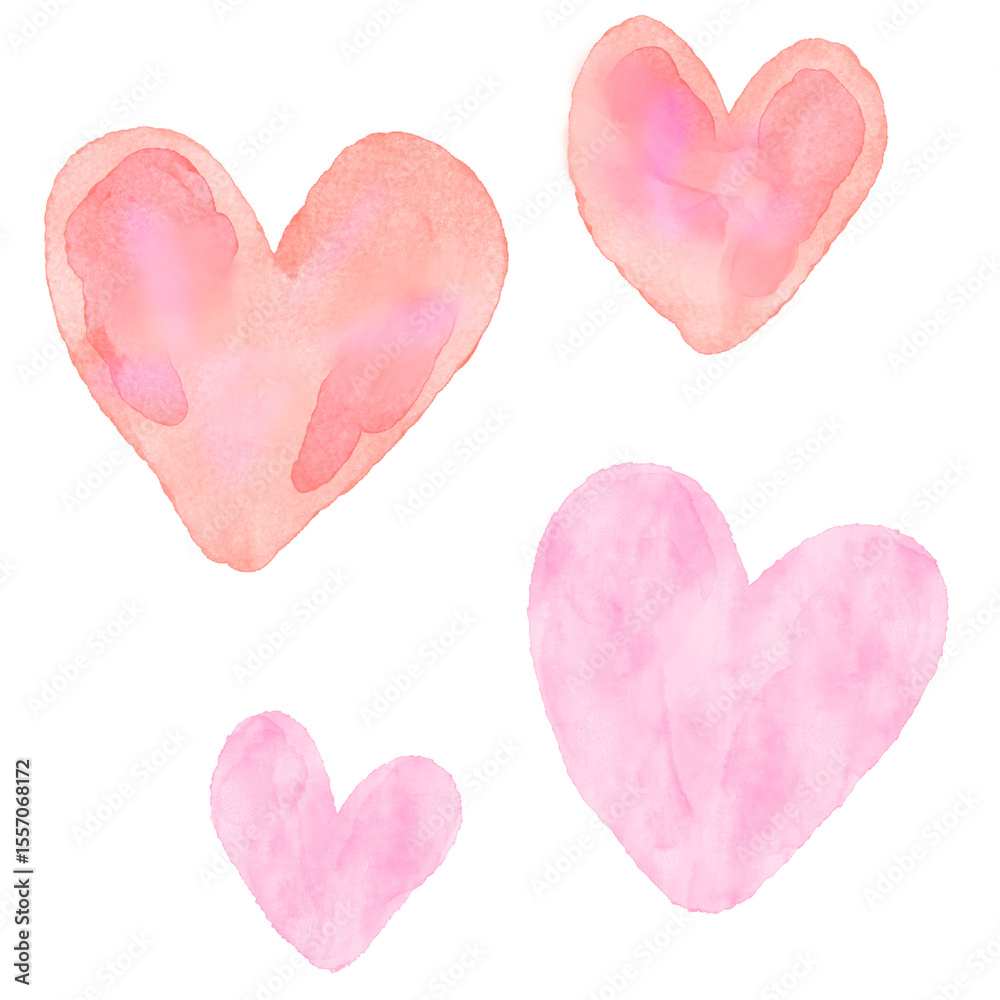 Fototapeta premium Watercolor heart material set, cute pink hand drawn illustrations / 水彩ハート素材セット、ピンクのかわいい手描きイラスト